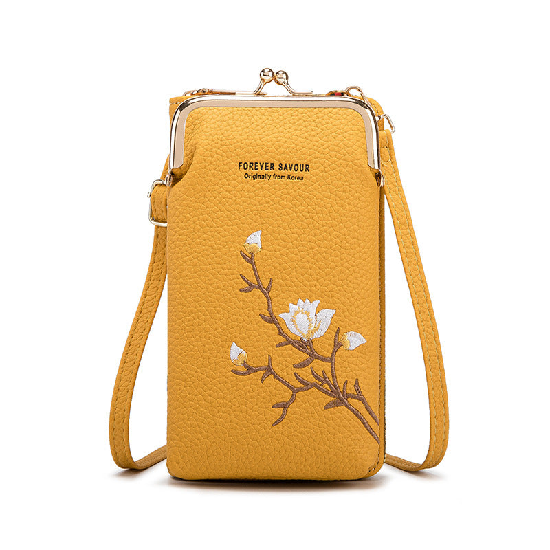 Yellow Chic Embroidered Crossbody Phone Wallet - All-in-One Purse with Kiss-Lock Clasp