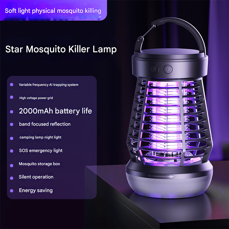 Black Rechargeable 3-in-1 Bug Zapper Lantern - Portable UV Mosquito Killer with Camping Light & SOS Mode
