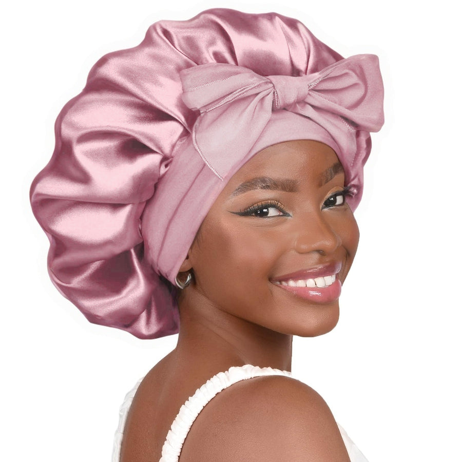 Light bean paste color Luxury Double Layer Satin Bonnet with Bow Tie - Large Hair Protection Sleep Cap for All Hair Types
