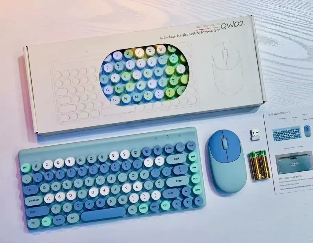 Wireless Keyboard & Mouse Combo - Retro Round Keycaps, 2.4GHz Ergonomic Design(blue)