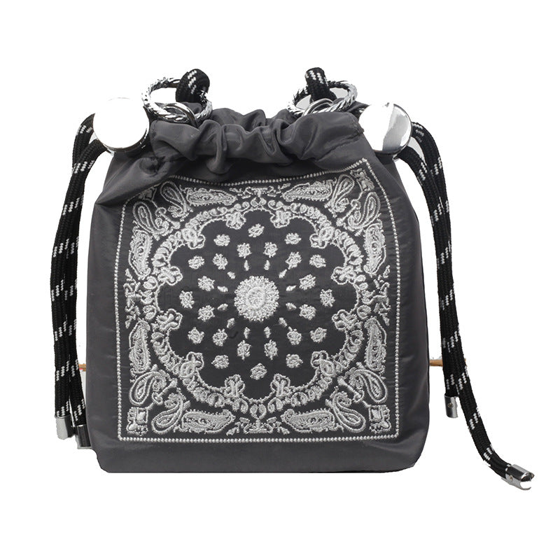 Chic Drawstring Bucket Bag with Intricate Print - Adjustable Rope Strap, Lightweight Fabric(Gray)