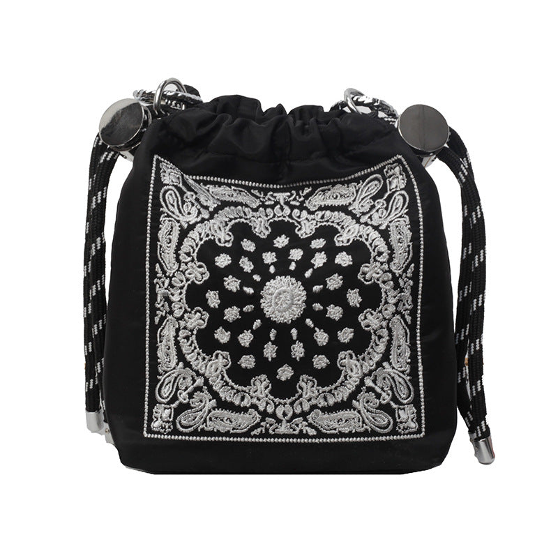 Chic Drawstring Bucket Bag with Intricate Print - Adjustable Rope Strap, Lightweight Fabric(Black)