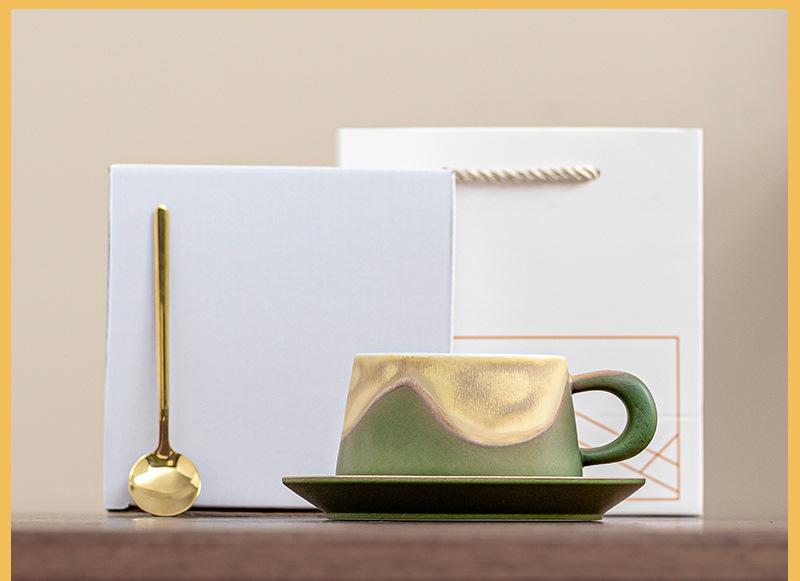 Artistic Ceramic Coffee Cup & Saucer Set with Spoon - Gradient Glaze, 240ml, Gift Boxed(Green)