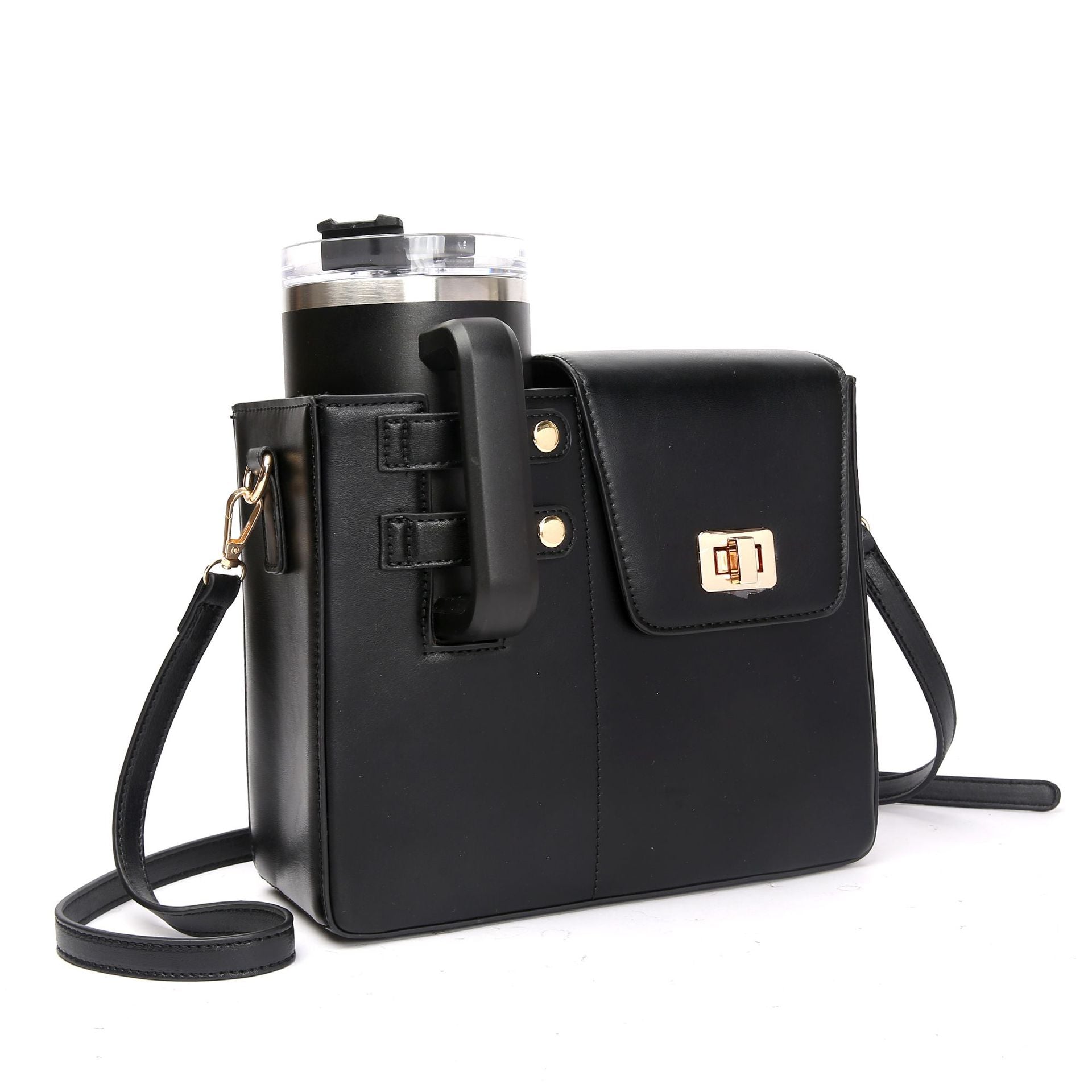Chic PU Leather Crossbody Bag with Tumbler Holder - Multi-Compartment, Adjustable Strap,Does not include thermos cup(black)