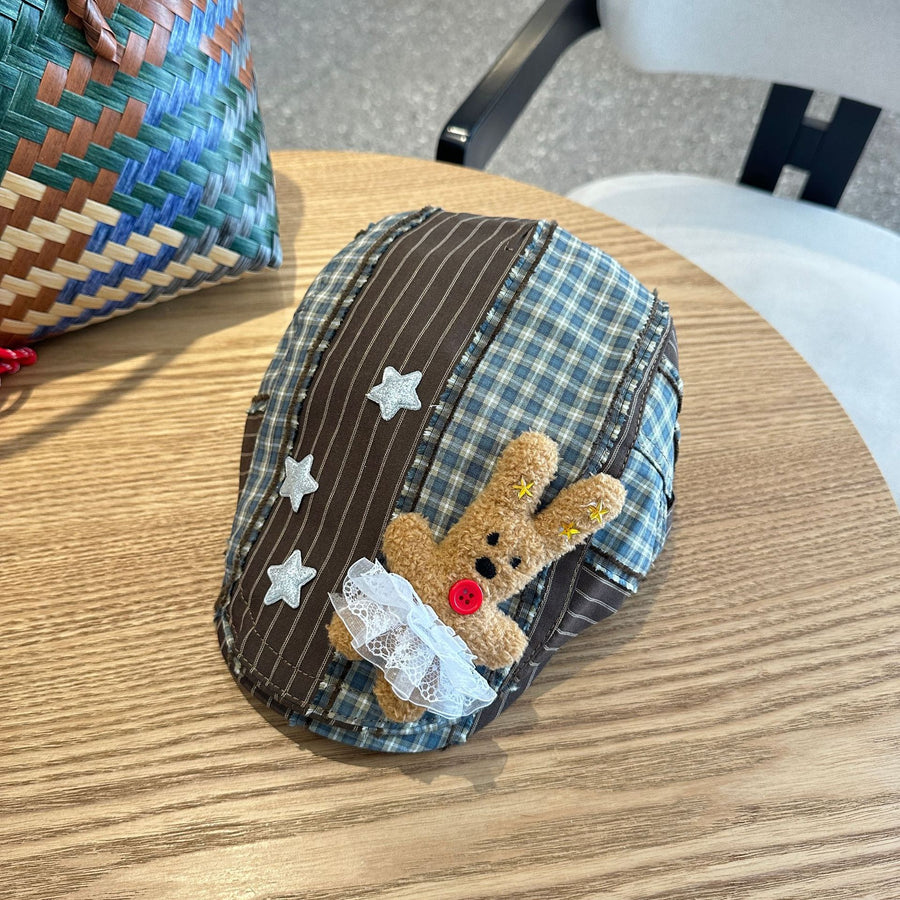 Patchwork Plaid Cotton Cap with Decorative Details(brown)