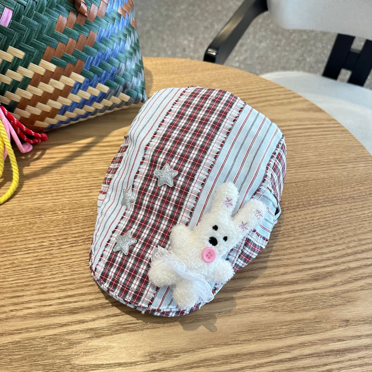 Patchwork Plaid Cotton Cap with Decorative Details(red)