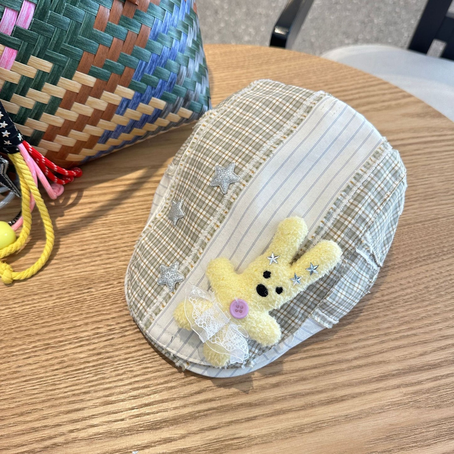 Patchwork Plaid Cotton Cap with Decorative Details(yellow)