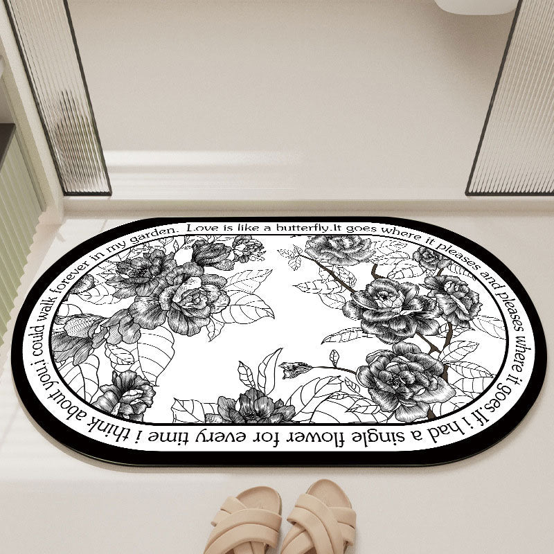 Elegant Floral Print Absorbent Floor Mat - Quick Dry, Non-Slip, Easy Clean Bathroom & Entryway Rug(Black and White)