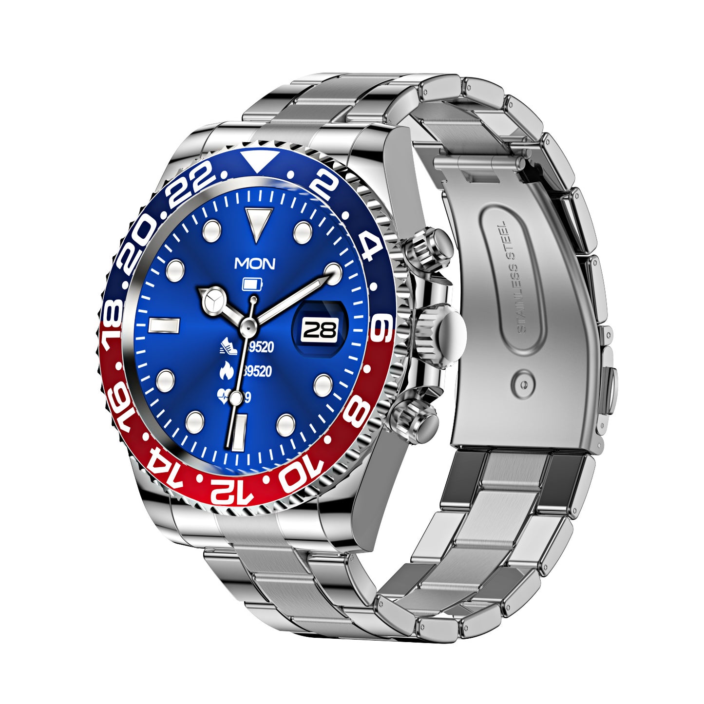 Classic Stainless Steel Smartwatch with Rotating Timer Bezel, Bluetooth Calling & Luminous Display(blue and red)
