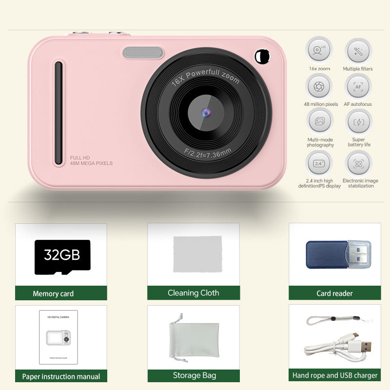 48MP Digital Camera with 16x Zoom & AF Autofocus - Full HD Vlogging Camera for Beginners & Kids(Pink)