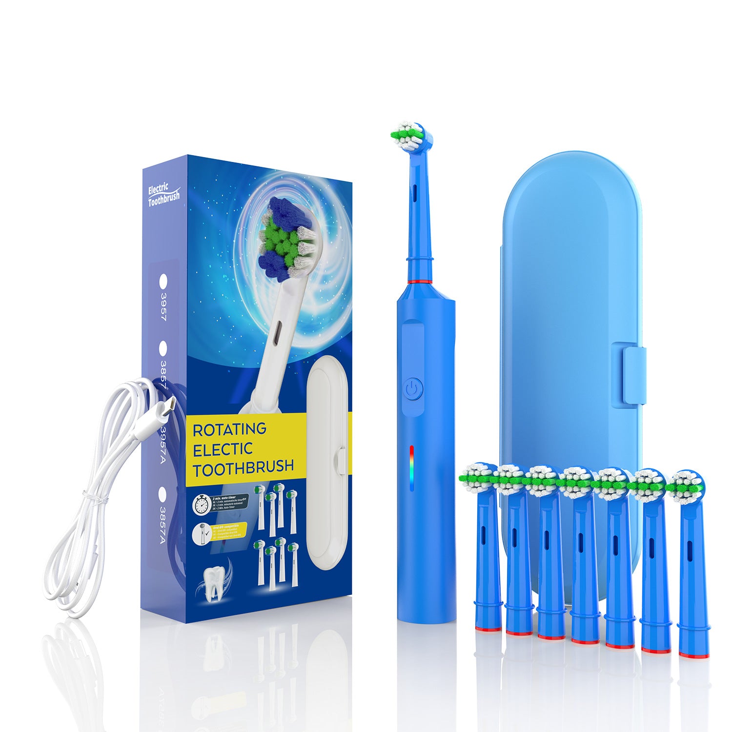 Rotating Electric Toothbrush with 3D Cleaning Action - 3 Modes, IPX7 Waterproof, with Travel Case & 6 Brush Heads(blue)