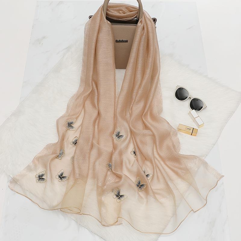 Elegant Butterfly Embroidered Scarf Shawl - Large Soft Silk Blend Wrap for Women(Khaki)