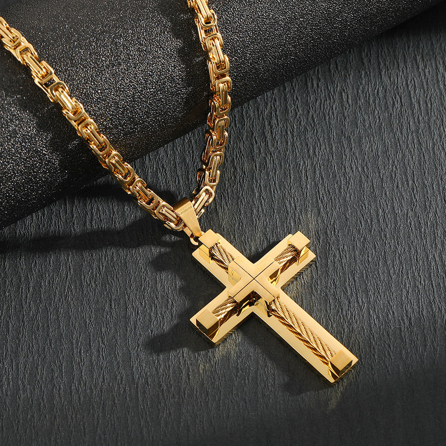 Men's Stainless Steel Layered Cross Pendant with Byzantine Chain - Fashion Statement Necklace(Gold)