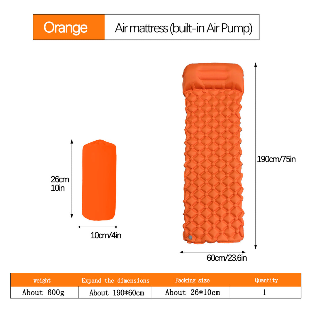 2pc Ultralight Inflatable Camping Sleeping Mat with Integrated Pillow - Waterproof 40D Nylon TPU(Orange)