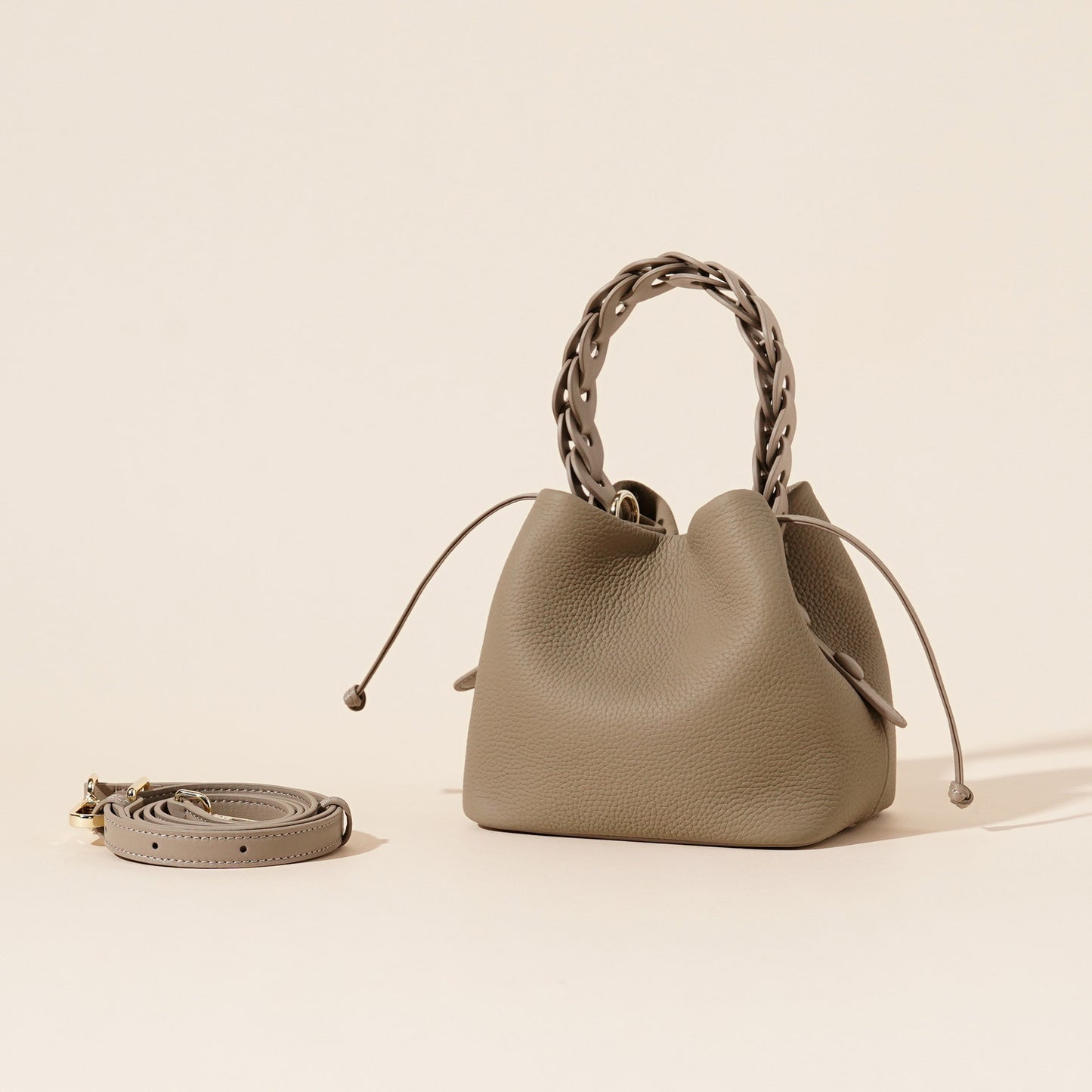 Genuine Leather Mini Bucket Bag with Braided Handle - Chic Drawstring Crossbody Purse(Gray)