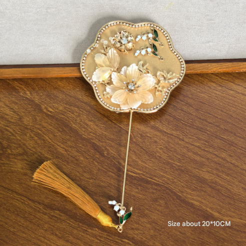 Yellow Exquisite Chinese Palace Style Mini Fan - Handheld Decorative Prop with Tassel for Photoshoots