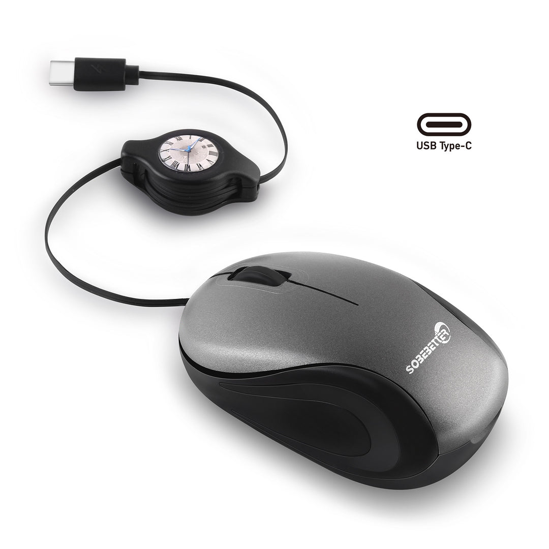Grey and Black Portable Mini USB-C Mouse with Retractable Cable - Silent Click Travel Mouse for Laptop, MacBook, Tablet
