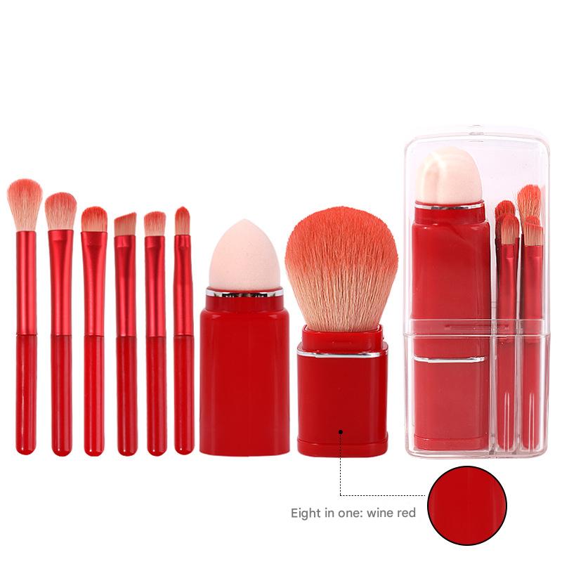 Wine Red Compact 8-in-1 Makeup Brush Set - Portable Travel Kit with Retractable Brushes and Case