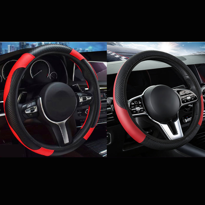 2-Pack (Type A + Type B) Red And Black Sporty Carbon Fiber Leather Steering Wheel Cover - Universal 38cm Easy-Fit Elastic Grip