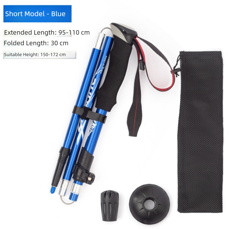 Short Blue Ultralight Foldable Hiking Pole - Adjustable Aluminium Trekking Stick with EVA Grip for Outdoor Walking & Climbing