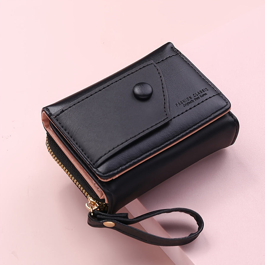 Black Chic Compact Trifold Wallet for Women - PU Leather Card Holder with Zipper Coin Purse & Wristlet Strap