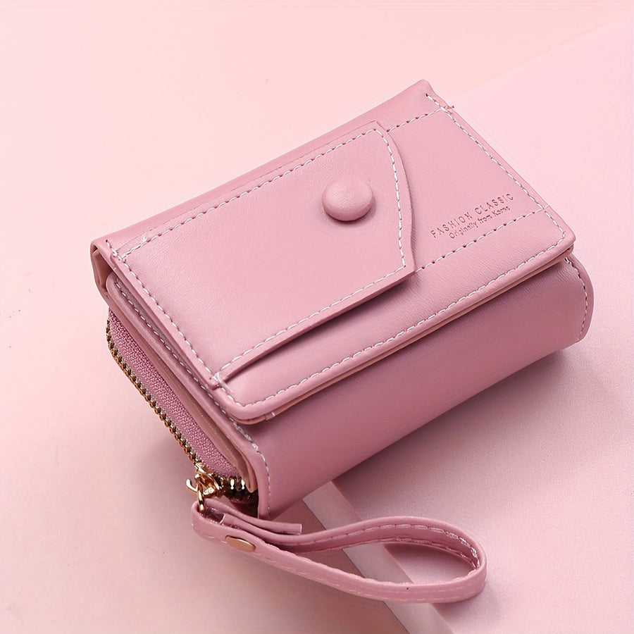 Pink Chic Compact Trifold Wallet for Women - PU Leather Card Holder with Zipper Coin Purse & Wristlet Strap