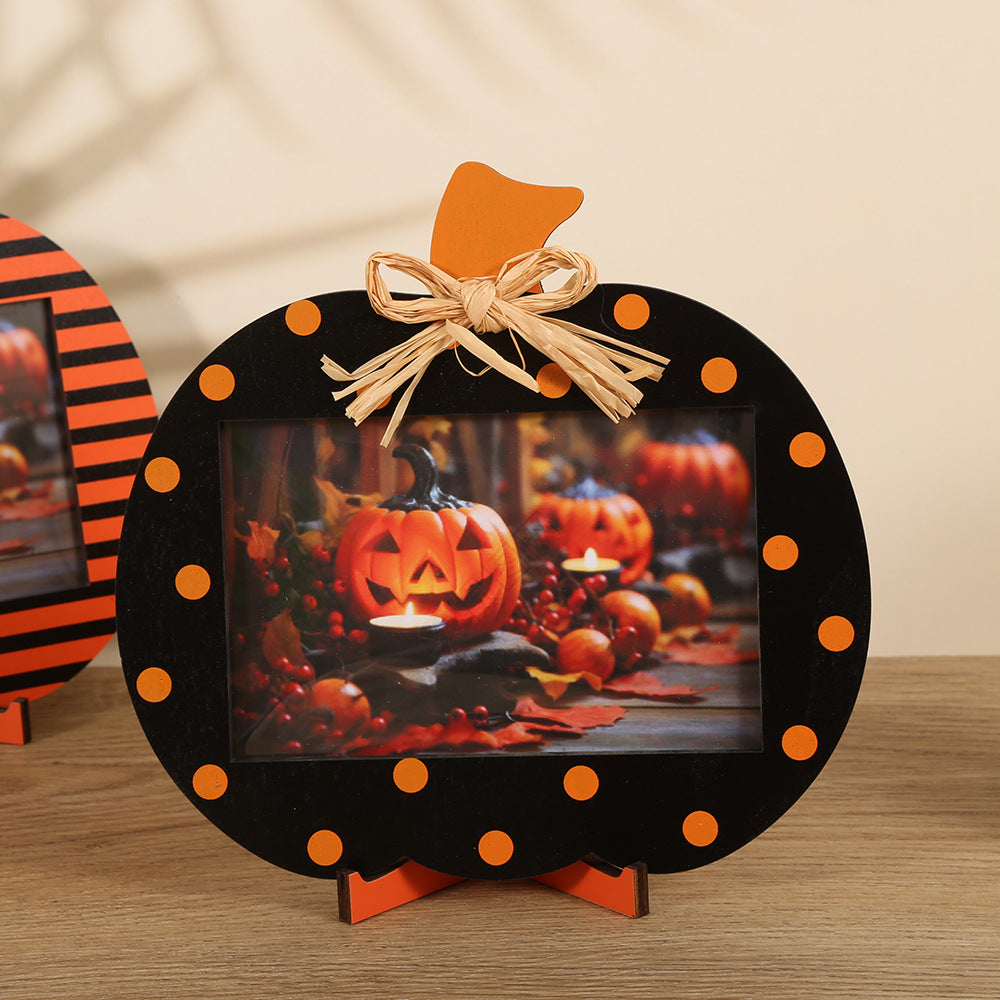  Black and Orange Polka Dot Pattern Festive Pumpkin Photo Frame - Rustic Halloween Tabletop Picture Holder