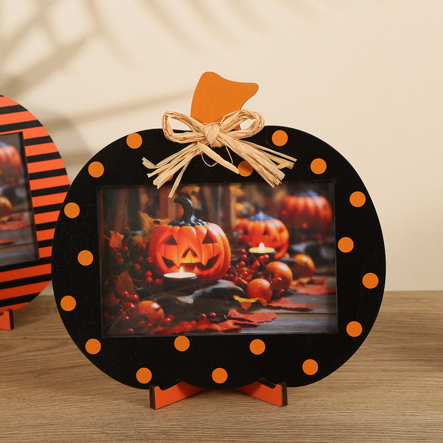  Black and Orange Polka Dot Pattern Festive Pumpkin Photo Frame - Rustic Halloween Tabletop Picture Holder