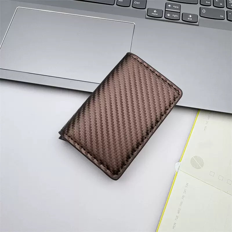 Brown Minimalist Pop-Up Wallet - RFID Blocking Carbon Fiber Card Holder for Men