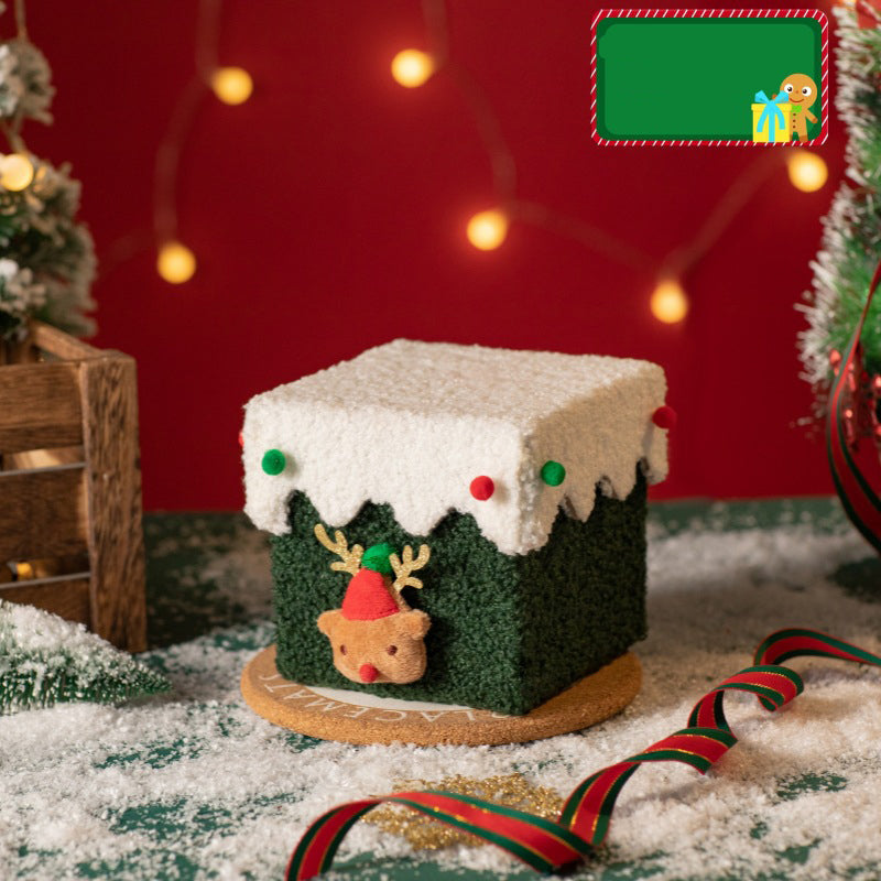 White and Green Luxe Plush Christmas Gift Box - Decorative Holiday Treat Box with Snowy Trim