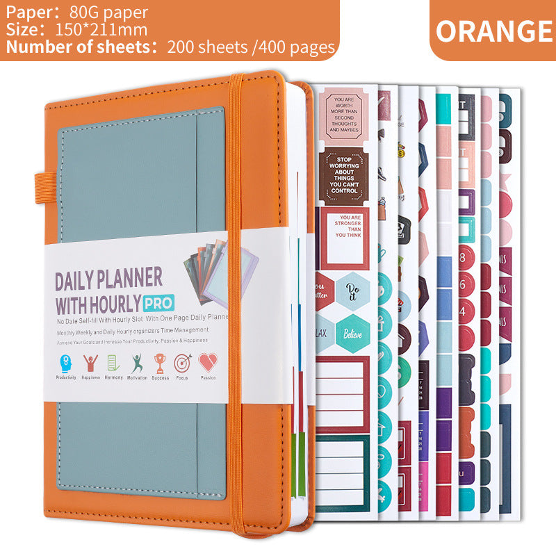 Orange A5 PU Leather Agenda for Productivity & Time Management-Undated Daily & Hourly Planner Pro 