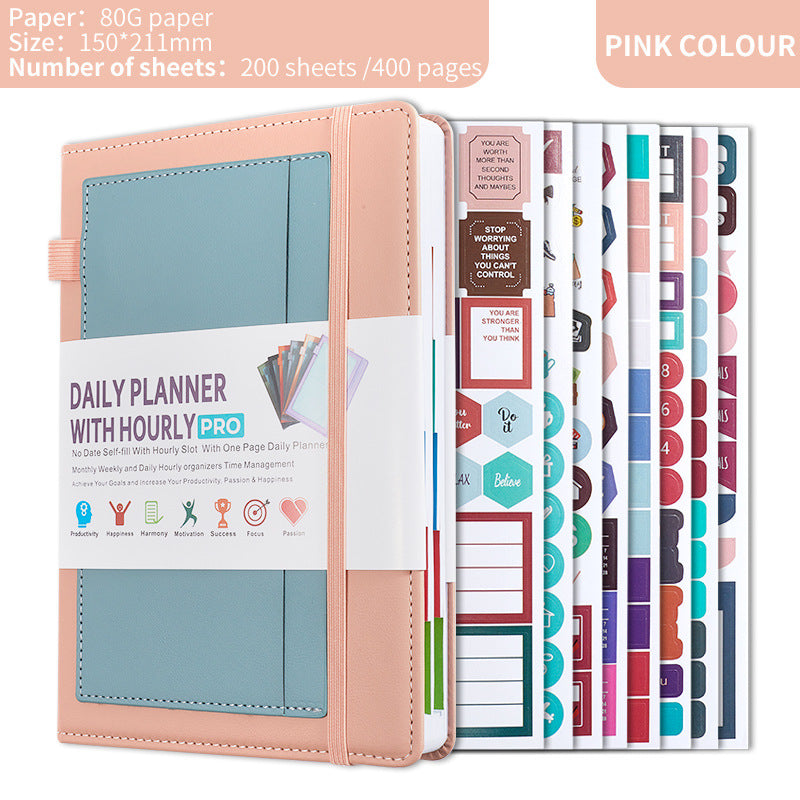 Pink A5 PU Leather Agenda for Productivity & Time Management-Undated Daily & Hourly Planner Pro 