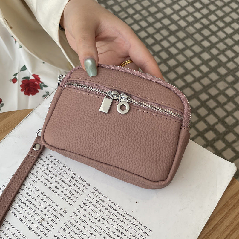 Dark Pink Women's Mini Genuine Leather Coin Purse Double Zipper Organiser Multi-function Wristlet Wallet