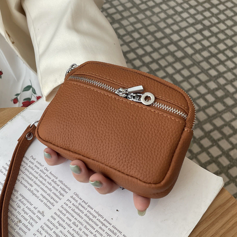 Brown Women's Mini Genuine Leather Coin Purse Double Zipper Organiser Multi-function Wristlet Wallet