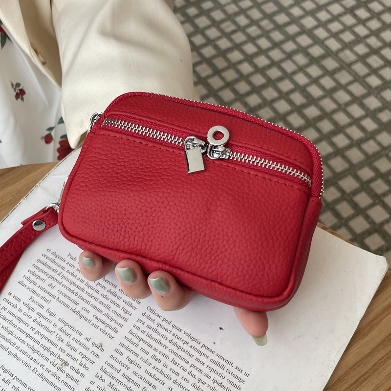 Red Women's Mini Genuine Leather Coin Purse Double Zipper Organiser Multi-function Wristlet Wallet