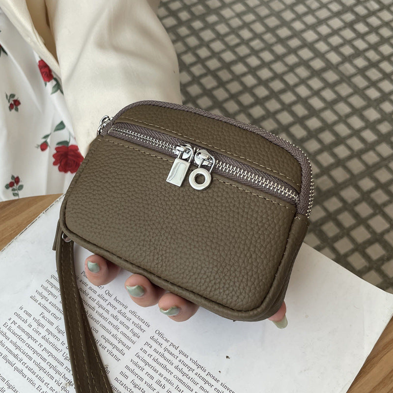 Olive Green Women's Mini Genuine Leather Coin Purse Double Zipper Organiser Multi-function Wristlet Wallet