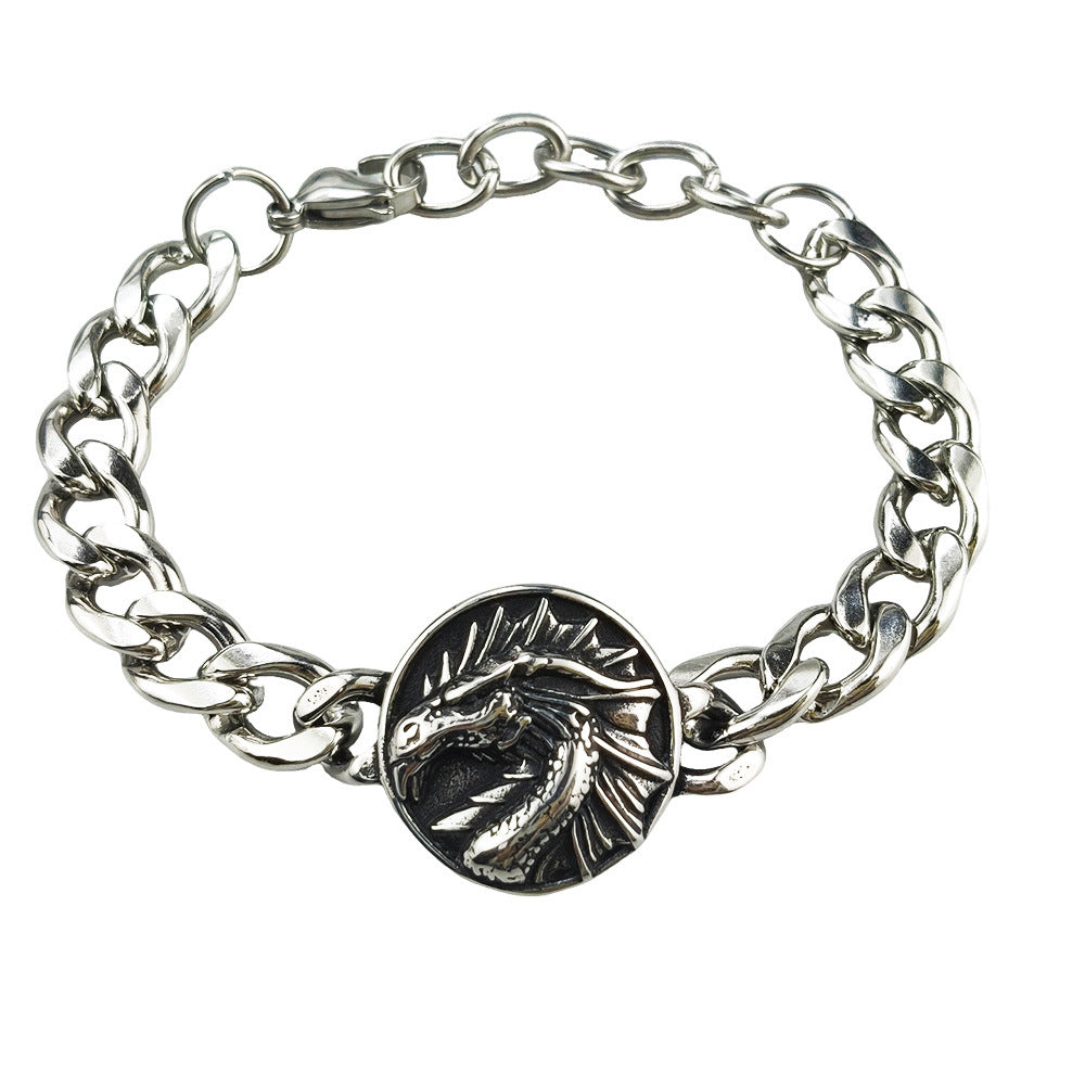 Silver Style 7 Men's Stainless Steel Curb Chain Bracelet - Retro Punk Hip Hop Style with Round Medallion Charm - Durable 26cm Streetwear Jewellery