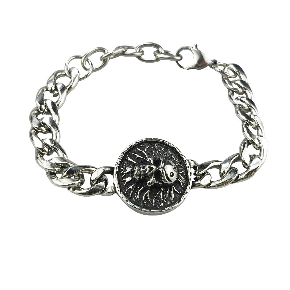 Silver Style 9 Men's Stainless Steel Curb Chain Bracelet - Retro Punk Hip Hop Style with Round Medallion Charm - Durable 26cm Streetwear Jewellery