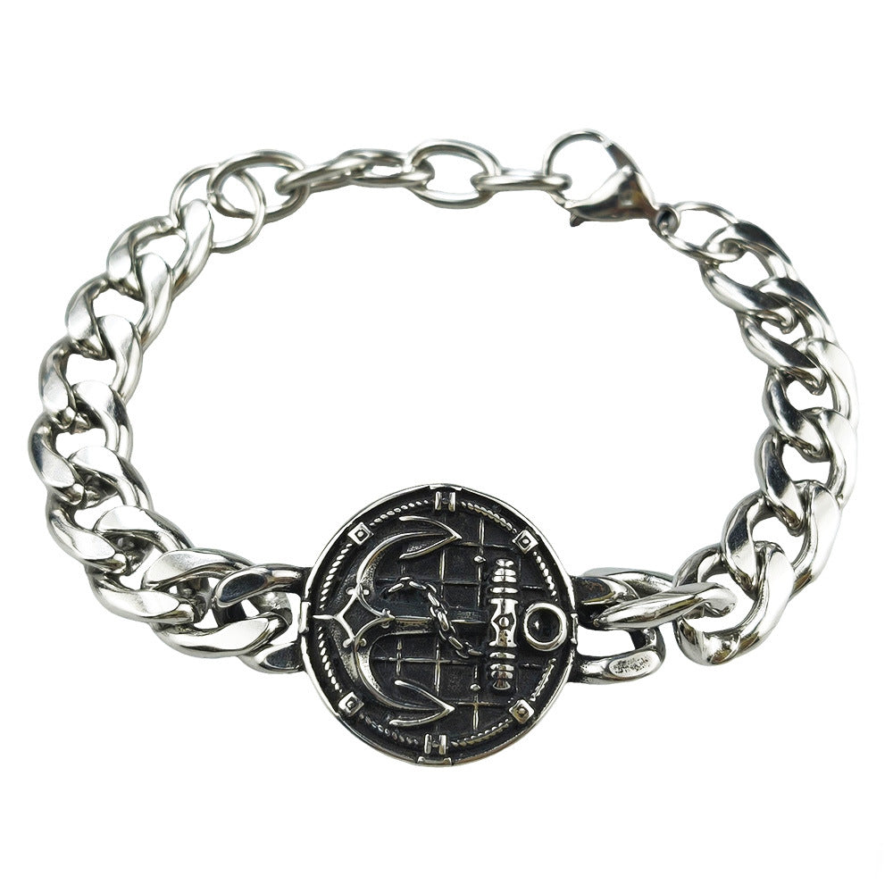 Silver Style 10 Men's Stainless Steel Curb Chain Bracelet - Retro Punk Hip Hop Style with Round Medallion Charm - Durable 26cm Streetwear Jewellery