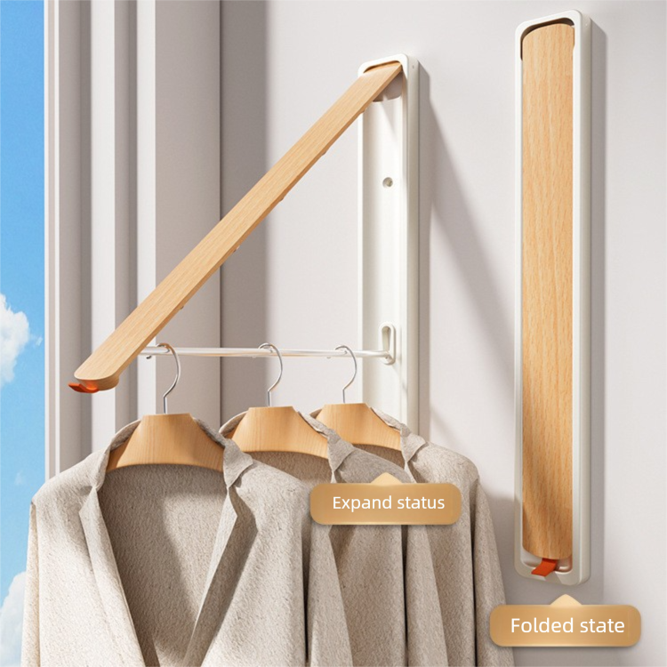 2 Pack White and Brown Wall Mounted Foldable Clothes Hanger Rack - Retractable Space Aluminium Drying Airer for Laundry & Balcony - Screw Mount Hardware Included