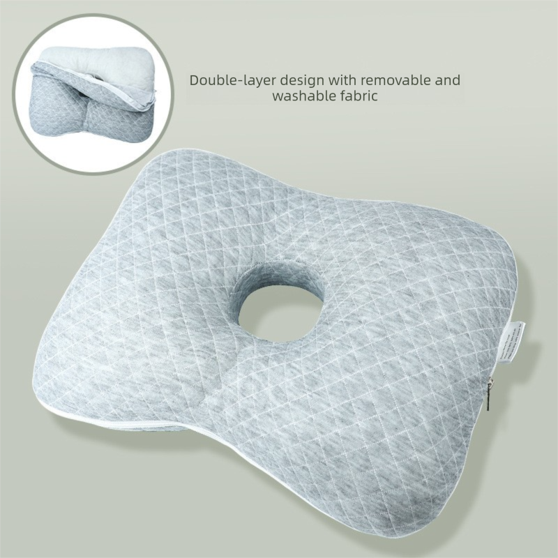 Grey Ergonomic Ear Pillow with Hole for Side Sleepers - Pressure Relief Cushion for Ear Pain, Piercings & CNH - Washable Cover