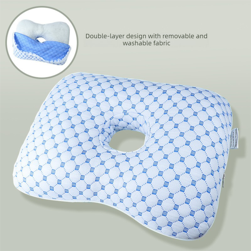 Blue Ergonomic Ear Pillow with Hole for Side Sleepers - Pressure Relief Cushion for Ear Pain, Piercings & CNH - Washable Cover