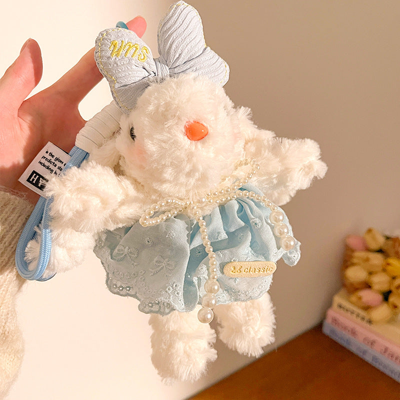 Blue Cute Floppy Eared Bunny Plush Doll with Pearl Necklace and Ribbon Dress - Adorable Keychain or Bag Charm for Girls(F-4973)