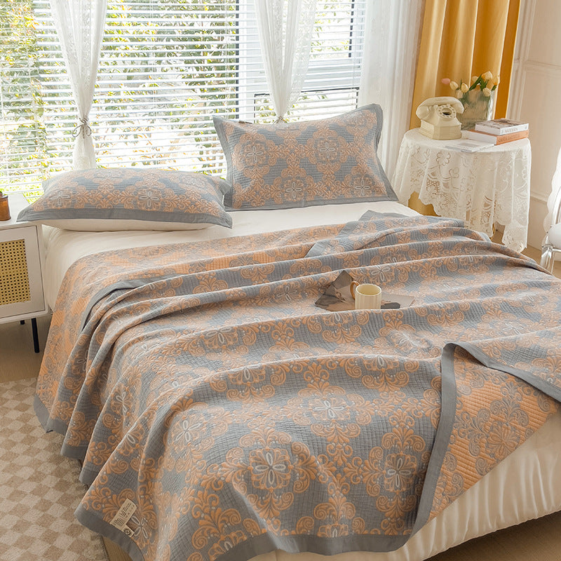 Grey and Orange Cotton Three-Layer Gauze Bed Cover Set - Reversible Vintage Printed Blanket with Two Pillowcases for Year-Round Use(120*150cm)