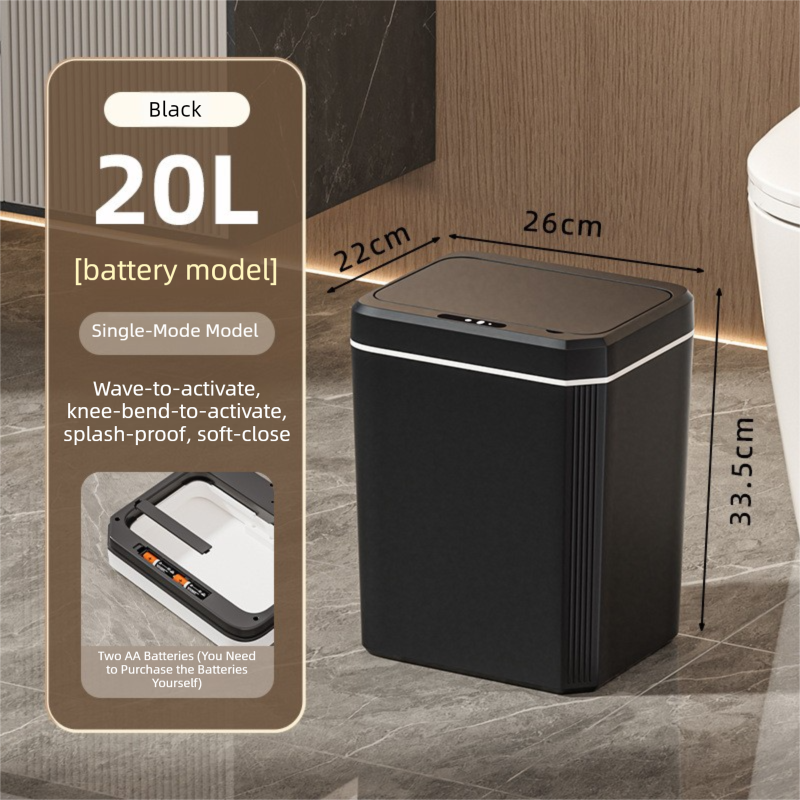Black Smart Sensor Trash Can – 20L Capacity, Touch-Free Operation with Odor-Blocking & Waterproof Design