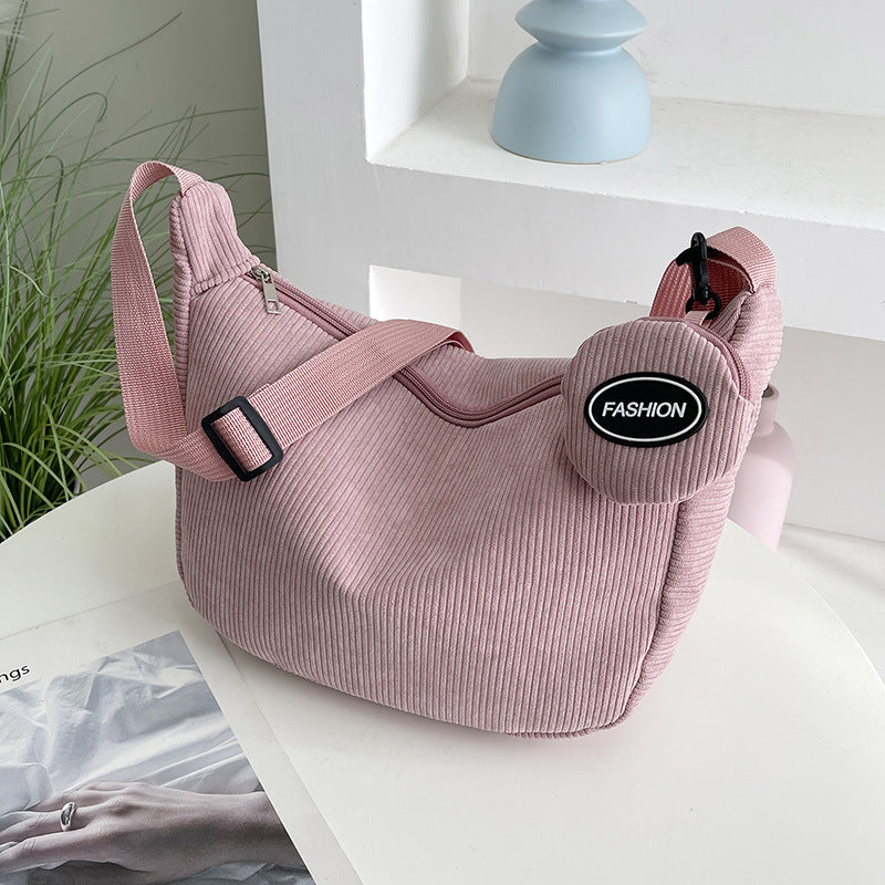 Pink Minimalist Corduroy Crossbody Bag – Large Capacity Single Shoulder & Diagonal Sling Bag in Korean Style