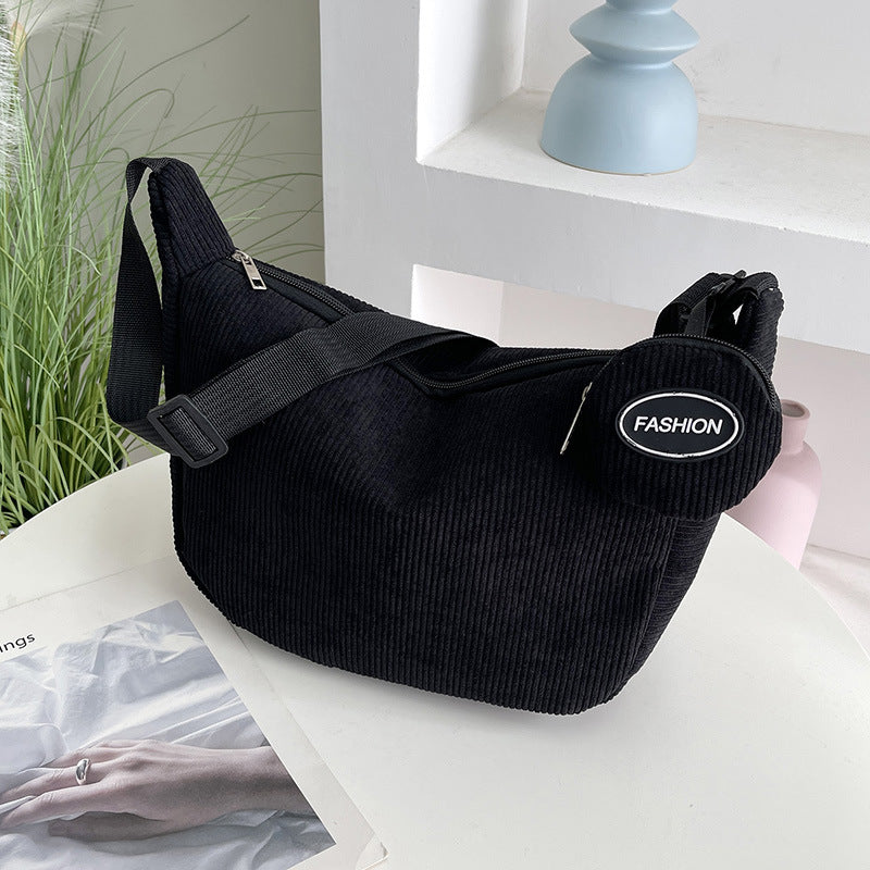 Black Minimalist Corduroy Crossbody Bag – Large Capacity Single Shoulder & Diagonal Sling Bag in Korean Style