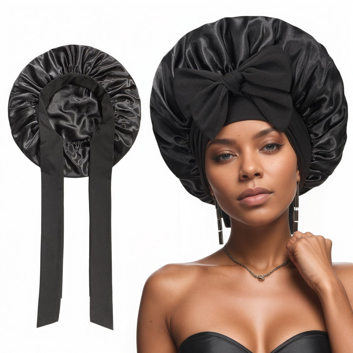 2 Pcs Black Double-Layer Satin Hair Cap with Ribbon Bow – Premium Silk-Like Beauty & Hair Protection Hat
