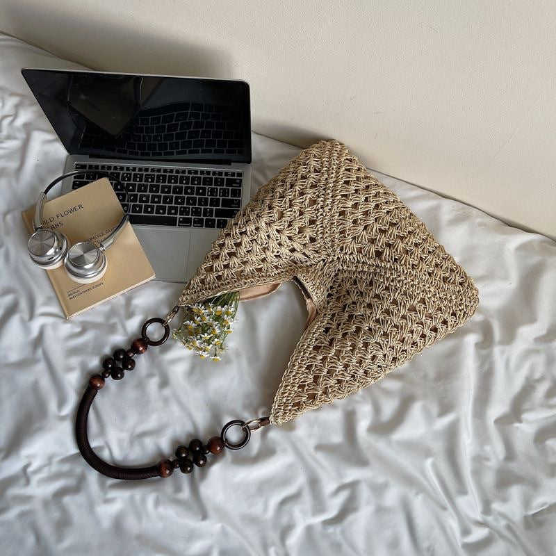 Beige Stylish Hand-Woven Paper Rope Bag – Boho Crochet Tote for Summer & Travel