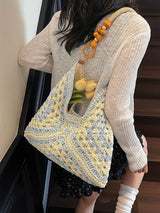 Beige and Blue Stylish Hand-Woven Paper Rope Bag – Boho Crochet Tote for Summer & Travel